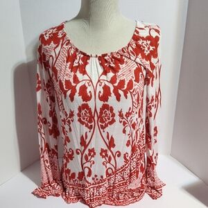 INC International Concepts Red and White Floral Long Sleeve Peasant  Blouse Smal